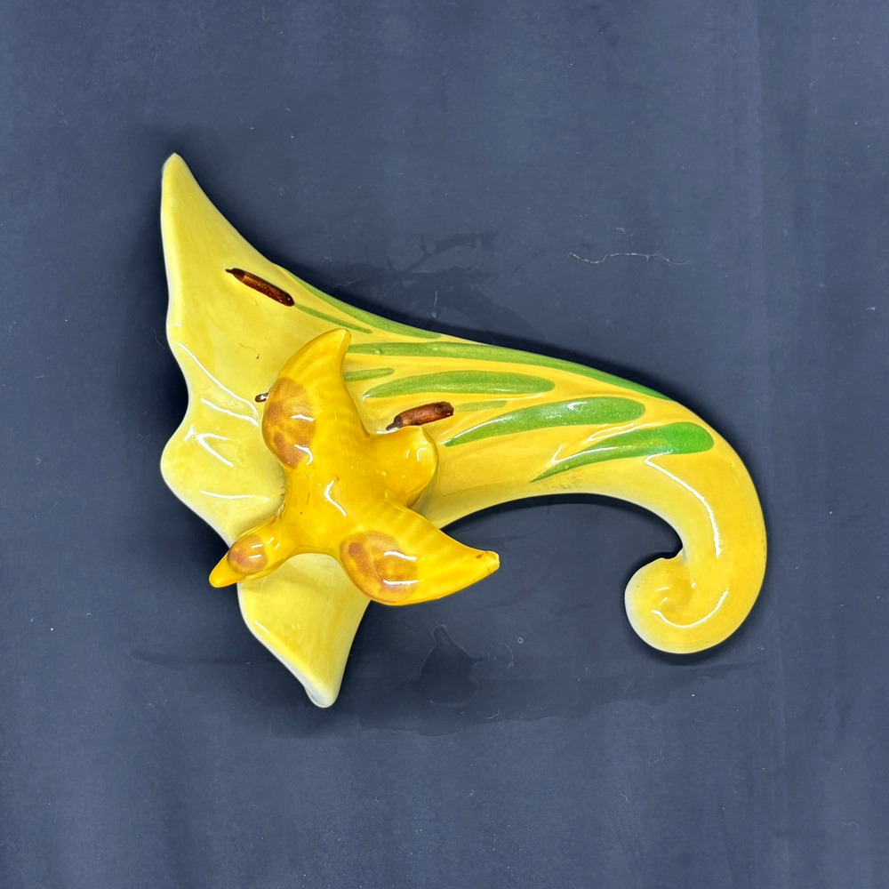 Opco  yellow wall pocket/vase- duck with cattails, west coast pottery
